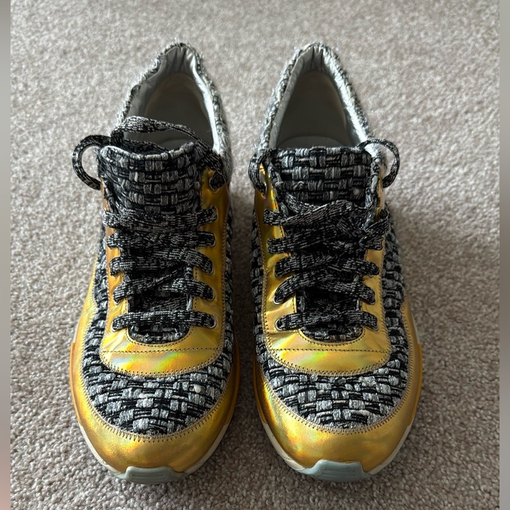 Chanel tweed and leather sneakers